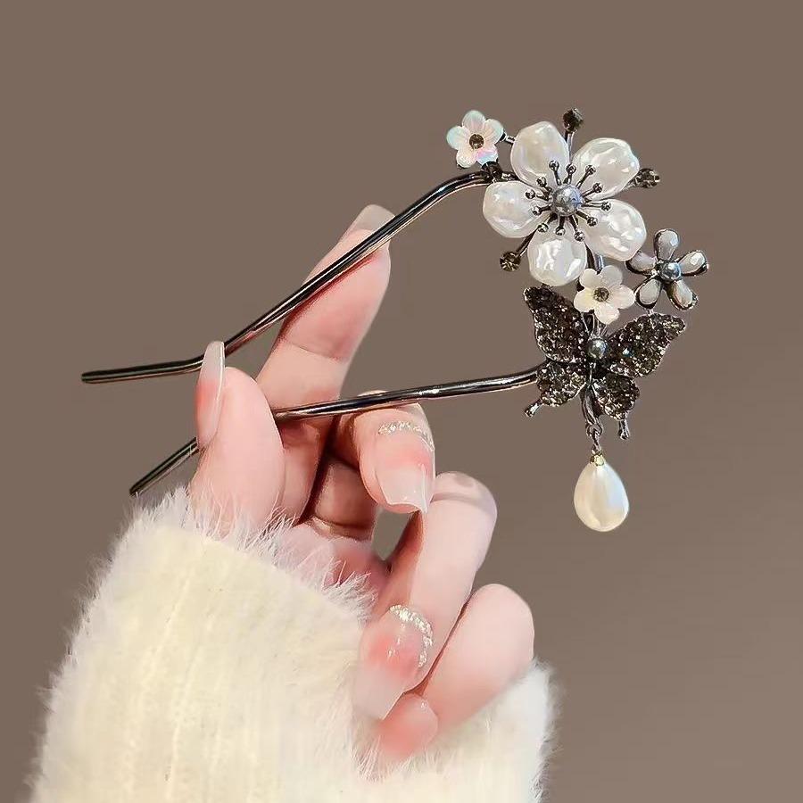 Weiß/Lila Emaille Blumen Haarnadeln Antiker Chinesischer Stil U-förmige Haarstäbe Elegant Damen Perlen Anhänger Haarschmuck