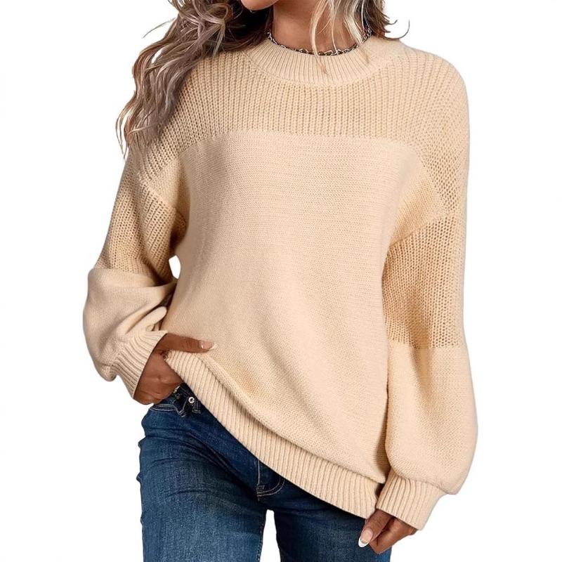 Solid Color Lantern Sleeve Pullover Round Neck Long Sleeve Sweater for Women