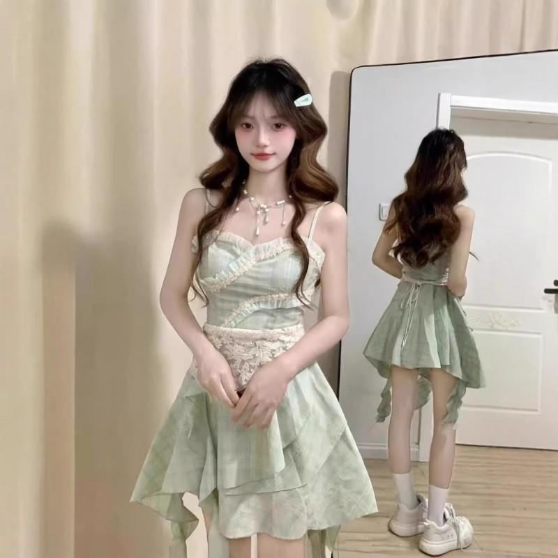 Light Green Asymmetrical Hem Chiffon Cami Dress Women 2025 Beach Vacation Outfit Slim Fit Sleeveless Mini