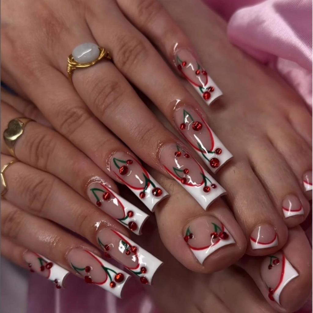 Cherry Flash Diamond French Tip Press-On Nails - Pure White Design