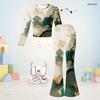Girls Round Neck Long Sleeve Blue Printed Top And Flared Pants Two Piece Set