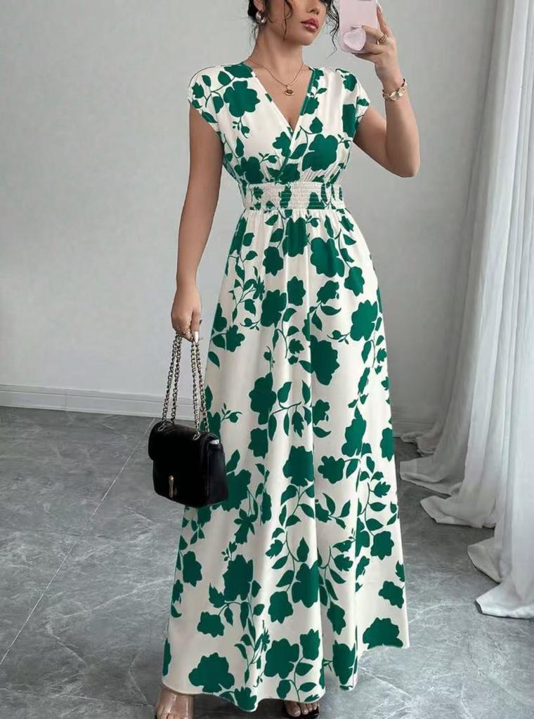Women’s V Neck Floral Print Maxi Dress with Short Sleeves and Elastic Waist Summer Casual A Line Long Dress for Daily Wear
