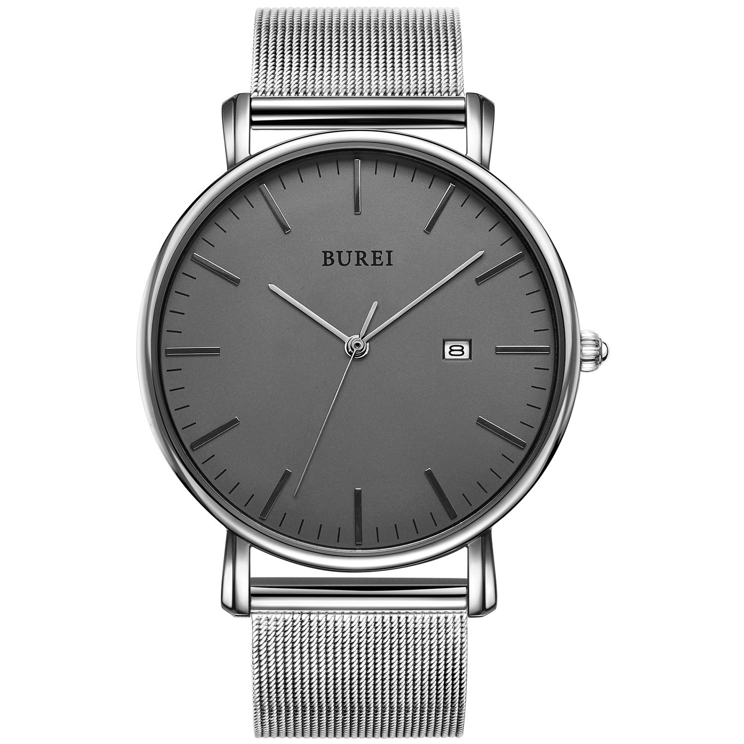 BUREI Men s Analog Quartz Waterproof Date Stylish Simple Milanese Mesh Band Silver Gray Wristwatch