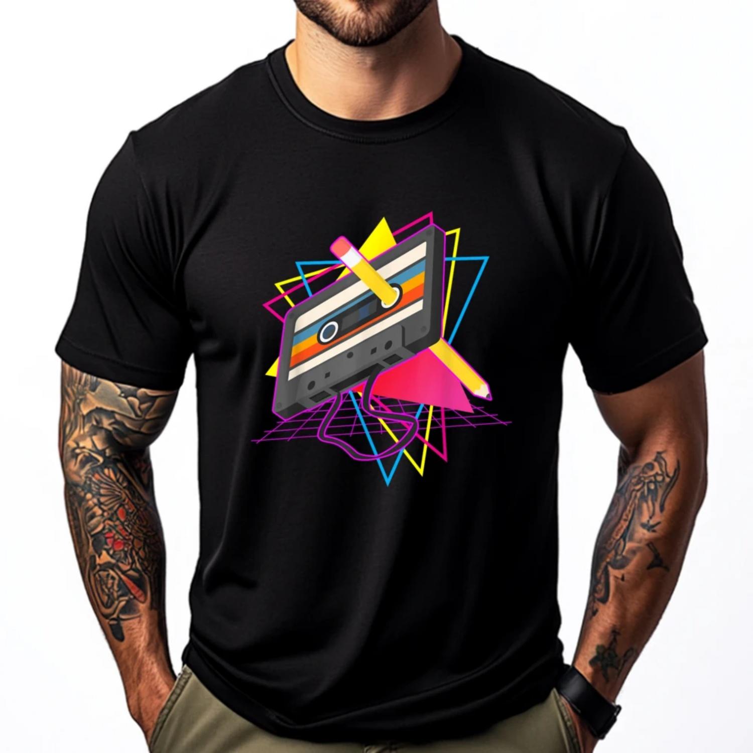 

Retro Cassette Tape Pencil 70 80 90 Music Mixtape Graphic T Shirts 100% Cotton Men s Clothing Punk Style S чёрный