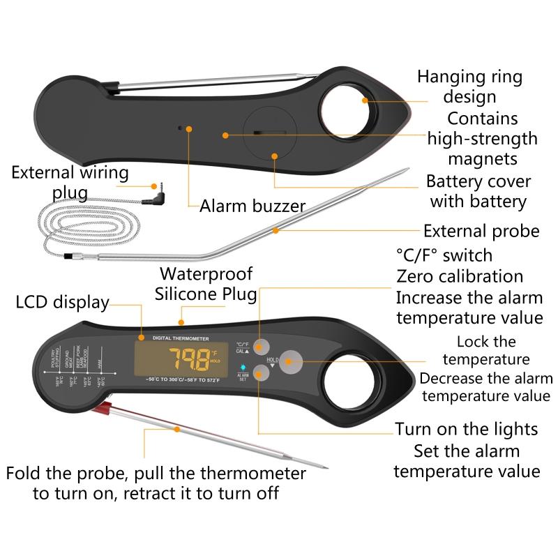 Digital Thermometer with Dual Probe Waterproof Food Thermometer for Cooking Baking High Accuracy Foldable Thermometer
