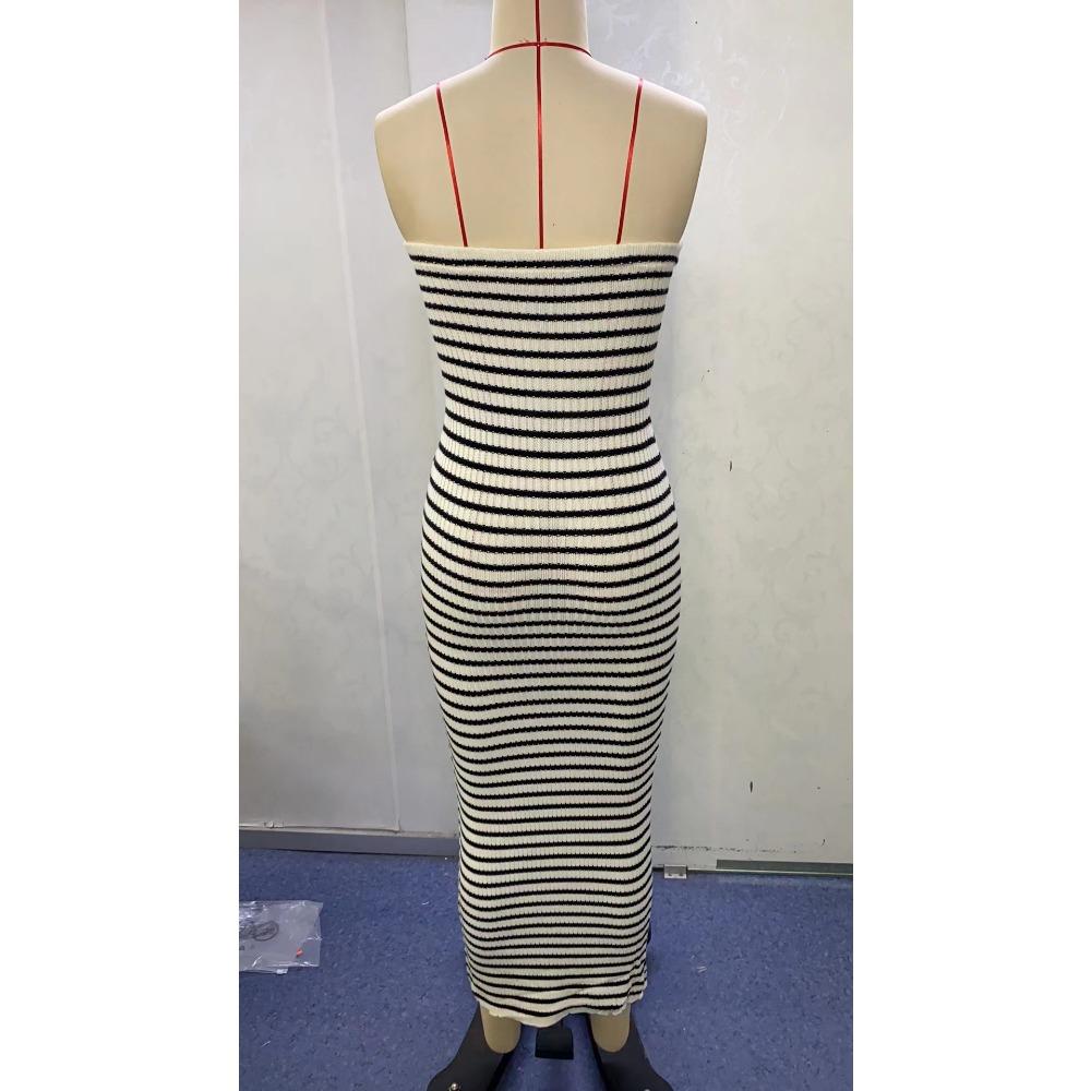 Summer Women's Smocked Temperament Striped Sexy Slim Package Hip Knitted Long Dresses