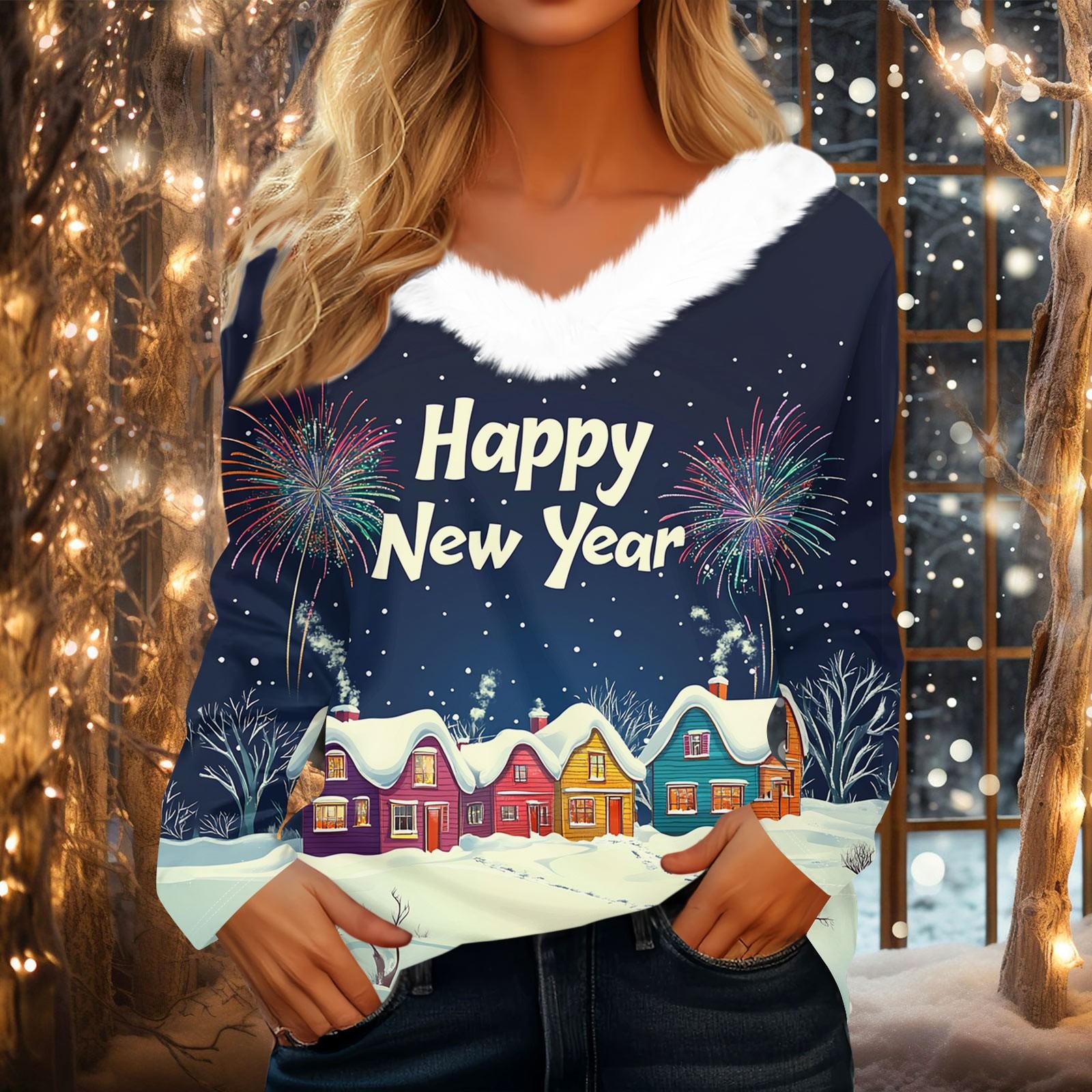 

Женская рождественская рубашка с длинным рукавом и принтом V-образным вырезом, повседневная свободная футболка, топы S синий