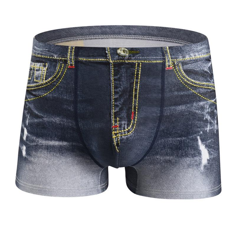 Módní pánské boxerky s potiskem inspirovaným džínovinou Trendy značkové slipy se středně vysokým pasem Prodyšné šortky ve stylu džínoviny