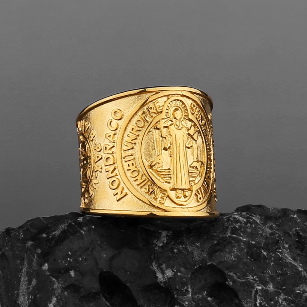 Retro Sankt Benedictusmedalj Bred Ring För Män Rostfritt Stål Metallkors Vintage Punk Gotiska Accessoarer Välsignelse Gåva