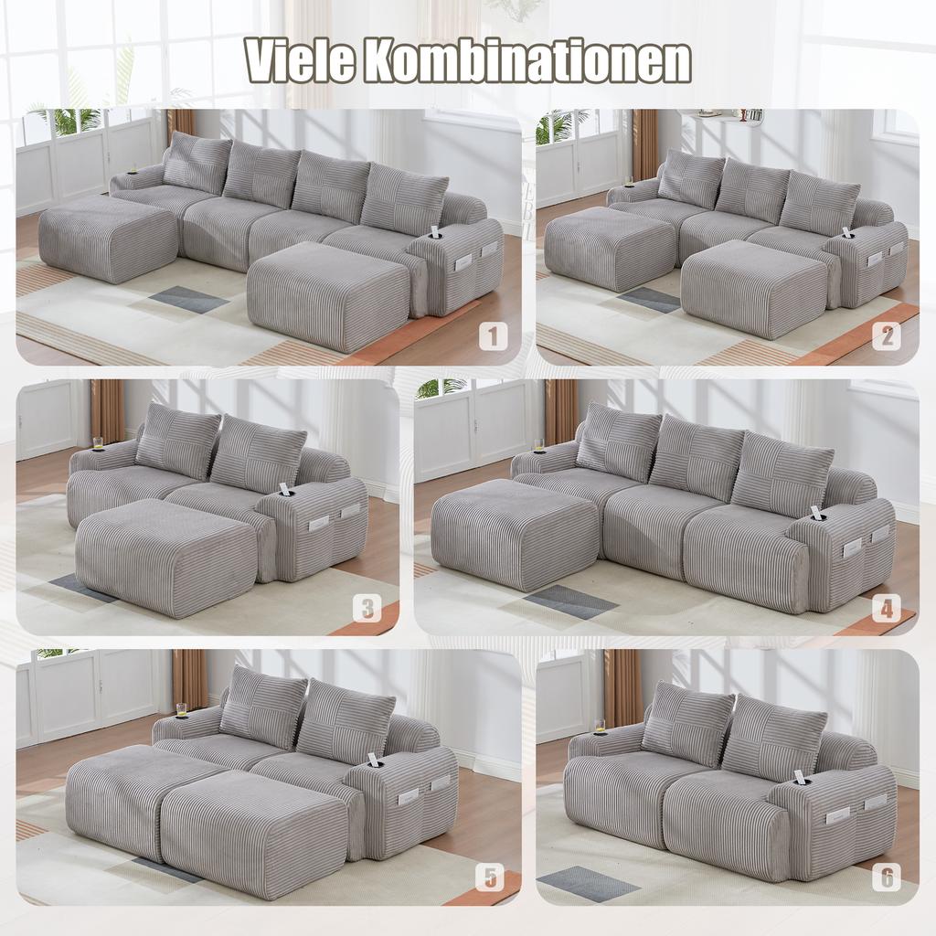 Modular Corduroy Sofa for 3 People (with 2 Stools), Freely Combinable, Including Drink Holder and Storage Pocket, Ideal for Living Room. Light Gray