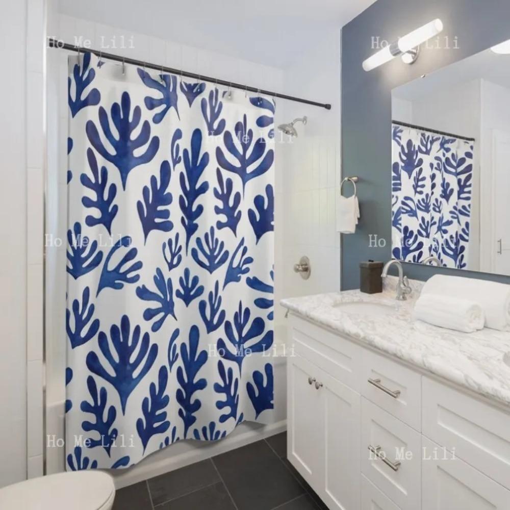 

Матисс Занавеска для душа Принт современного искусства Бохо Аксессуар Кобальтово-синий Белый узор Современная ванная комната 90x180 cm