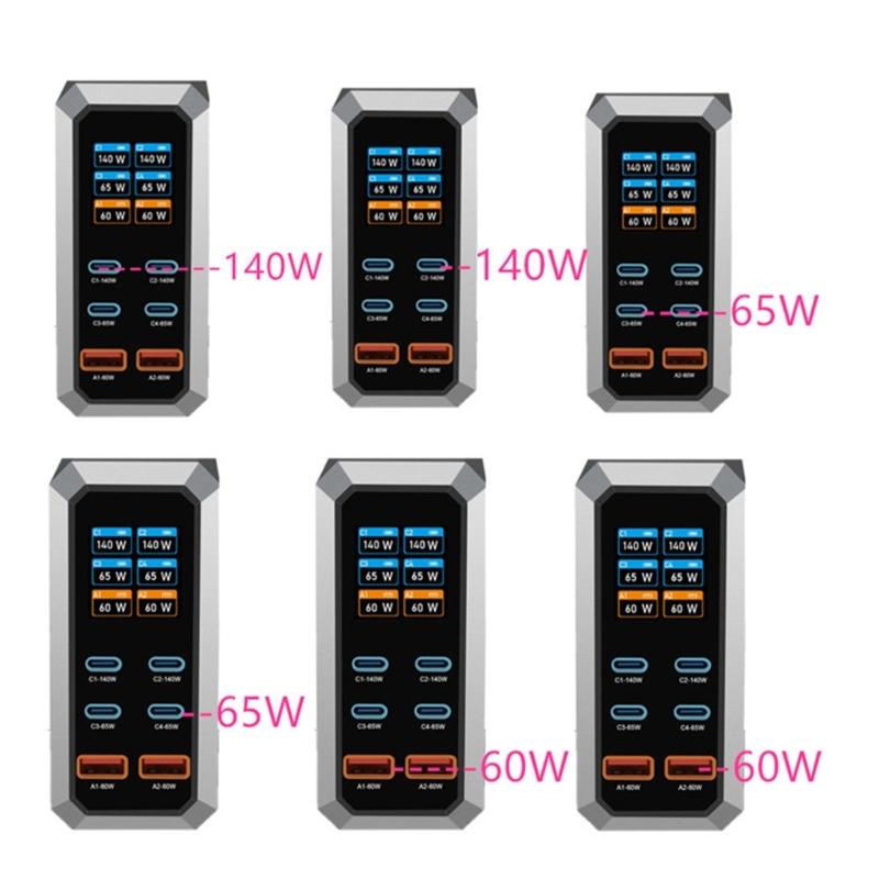 240W Charging Adapter 6 In 1 140W USB Type C Digital Display Fast Charging Station for Mobile Phone Laptop Electronics