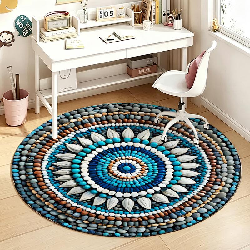1Pcs Stone Round Rug Non-Slip Machine Washable Floor Mat 2D Flat Vintage Floral Area Rug for Living Room Bedroom Decor