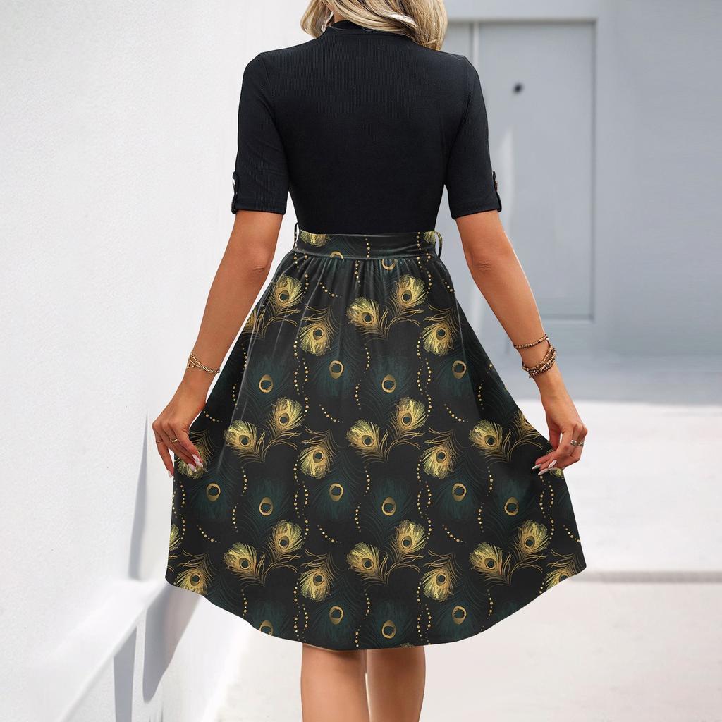 Women's Fashion Casual Belt Short Sleeve Round Neck Floral Elegant Temperament Dress