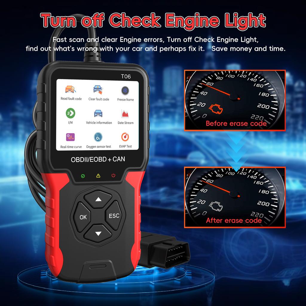 Autozubehör OBD2 Scanner T06 Überprüfen Sie den Motorsystemcodeleser Mehrsprachige Unterstützung Autodiagnosewerkzeug Batterietester