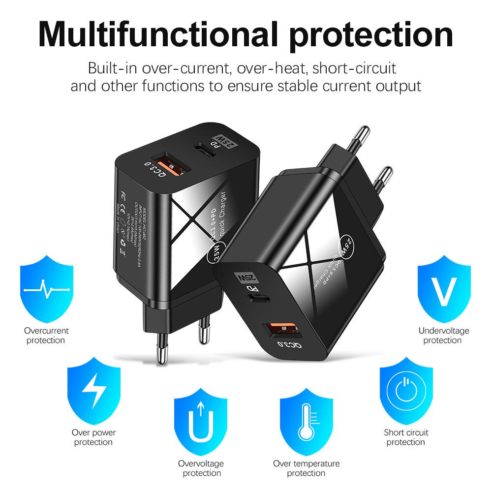 25W PD Fast Charger 5A for Mobile Phones, UK/EU/US Type-C Adapter