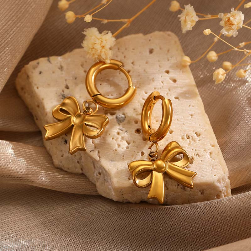Stainless Steel Bowknot Hoop Huggie Earrings For Women Fashion Gold Color Hollow Bow Tie Drop Earrings Waterproof Jewelry Gifts