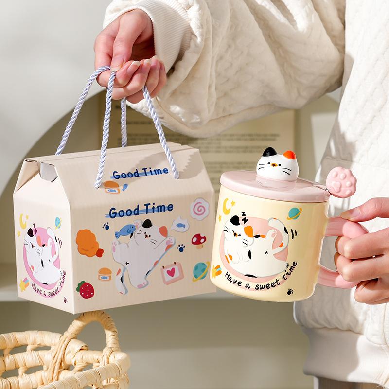 Cream cute kitten ceramic cup creative gift box ceramic mug drinking cup practical gift set