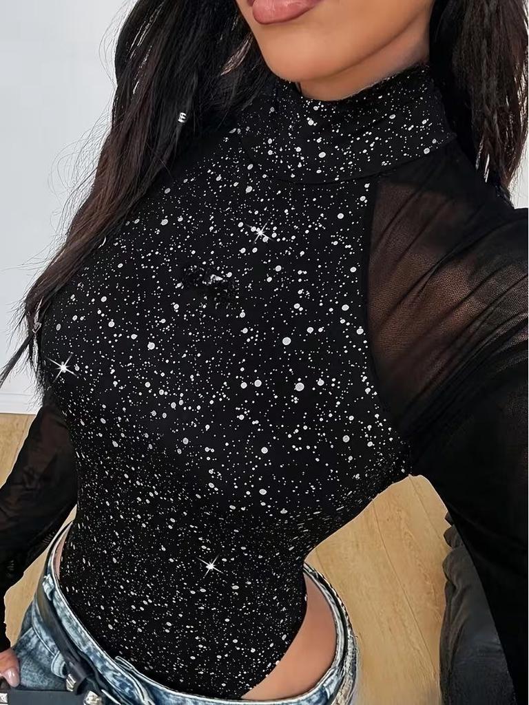 2025 European & American Shiny Patchwork Mesh Bodysuit T-shirt