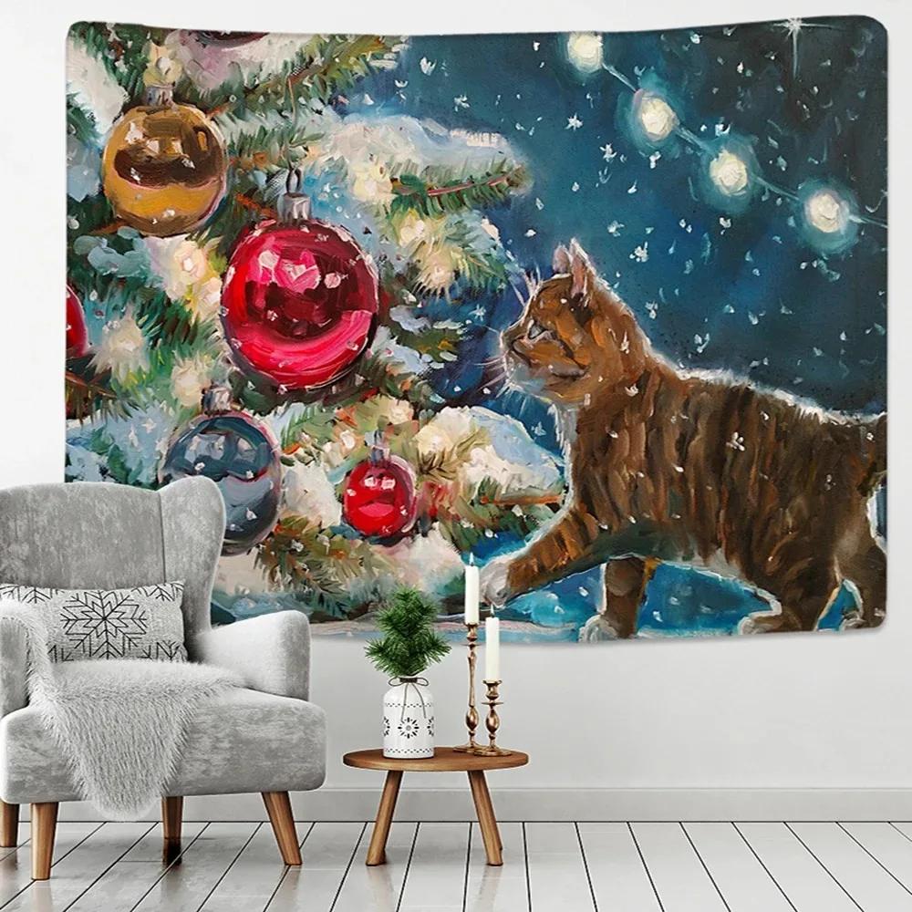 

Рождественская снежная сцена Гобелен с изображением кошки Спальня Гостиная Домашний Рождественский декоративный гобелен 100x75cm