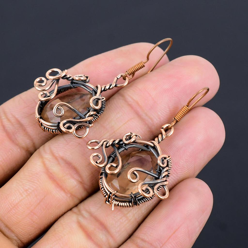 Smoky Topaz Earrings Gemstone Jewelry, 999 Copper Wire Wrapped Earrings, Handmade Beautiful Jewelry Earrings