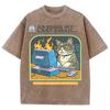 Cat Playing Computer GamesPrint Snow Wash T Shirt Man Unisex Washed Tees Casual Shortwear Soft Breathable Cotton Clothes