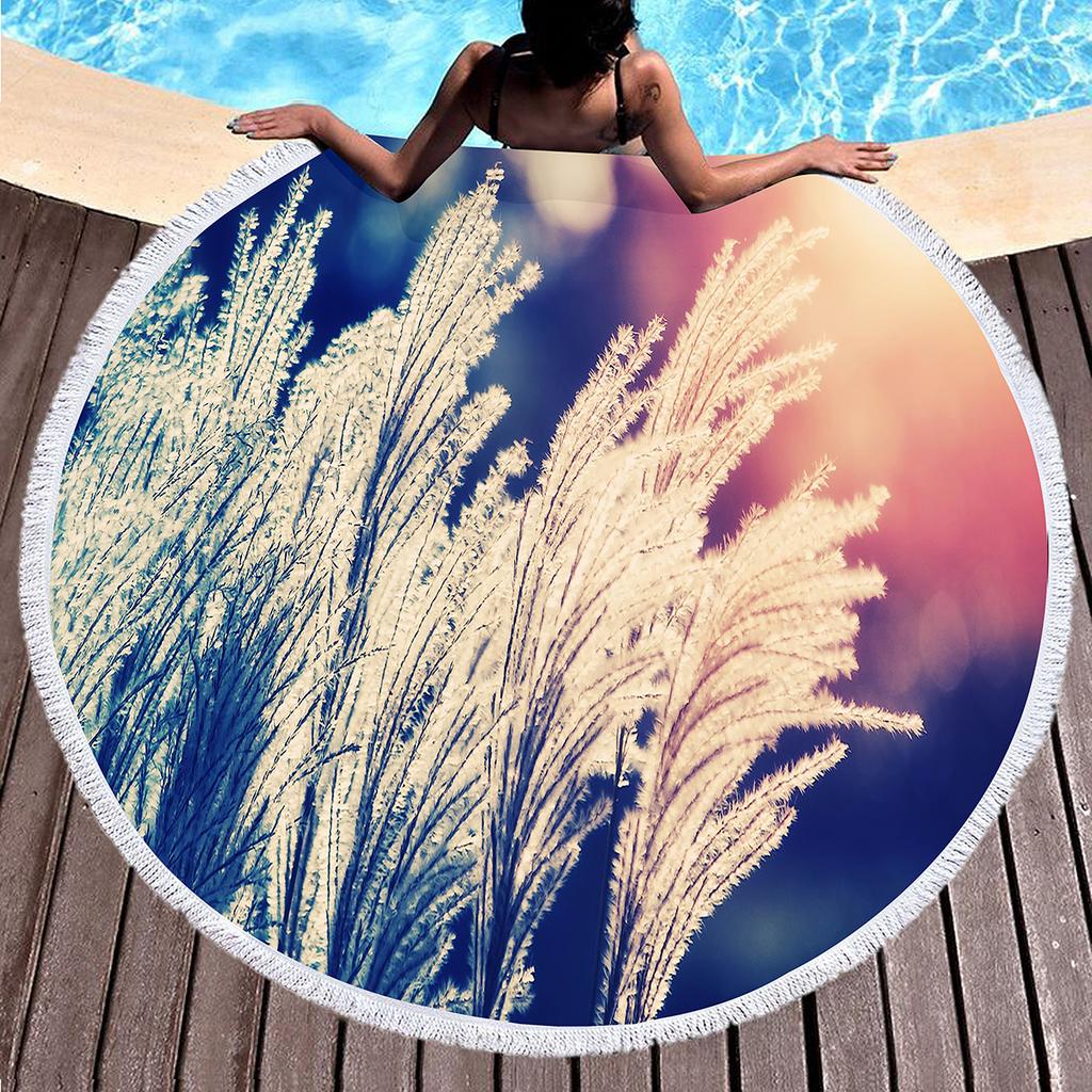 Wild Plant Fluttering Reed Round Beach Towel with Tassels,Polyester Beach Blanket,Soft Absorbent Quick Dry Pool Towel Picnic Mat