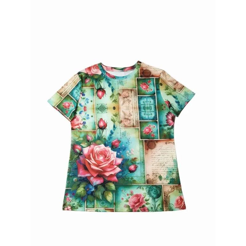 Women's Summer Round Neck Short Sleeved T-shirt with 3D Romantic Rose Print Casual Top Breathable Machine Washable Suitable for Outdoor Daily Wear
