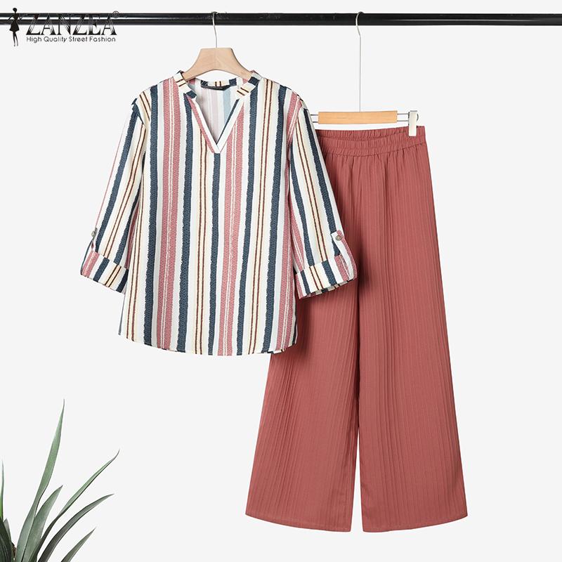 ZANZEA Women Long Sleeve Stripe Blouse and Pants Casual Two Piece Suit Sets