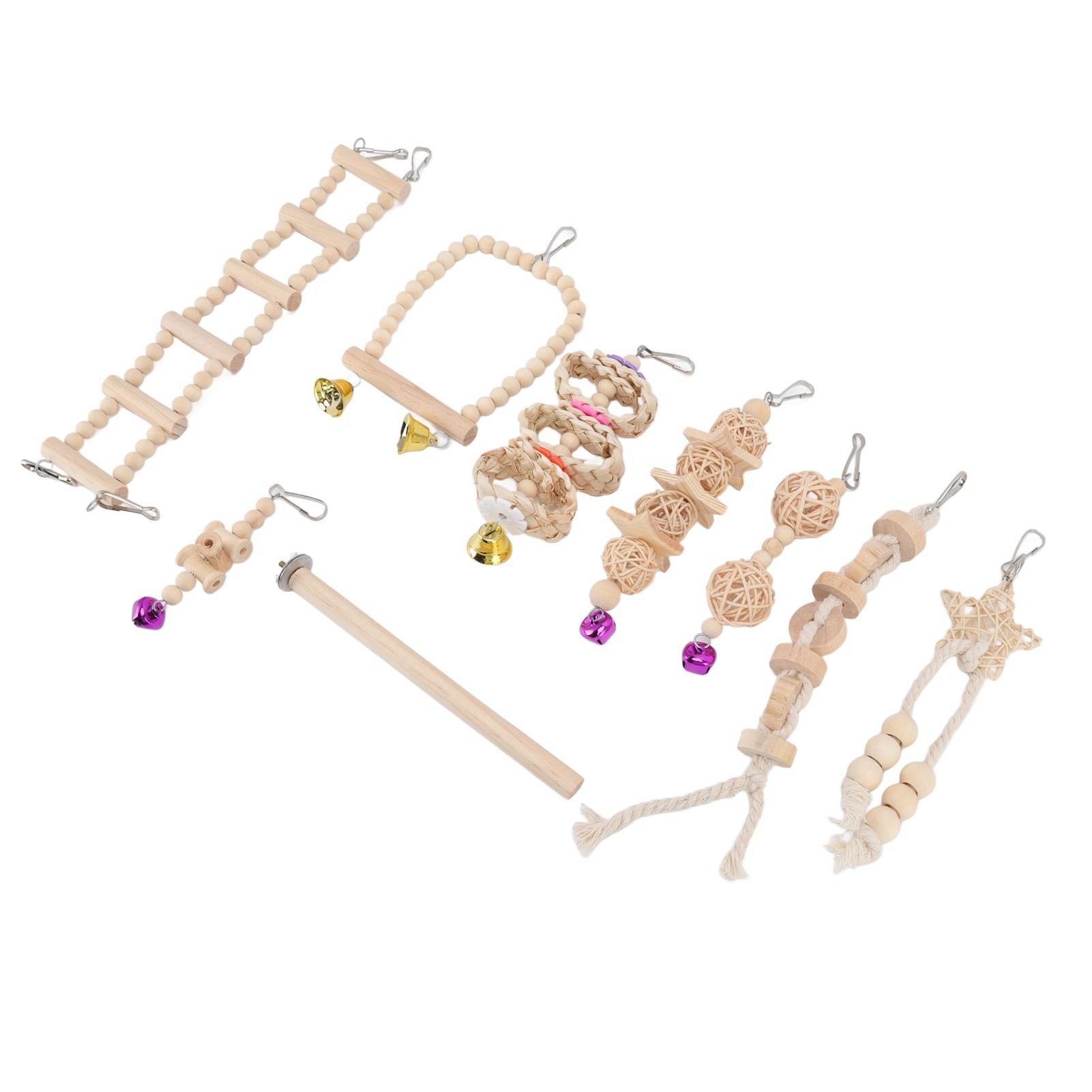 

9 шт. Игрушки для птиц попугаев, качели, грызение, колокольчик, натуральное дерево, безопасность, многофункциональный набор игрушек-качелей для домашних птиц