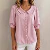 Women's Peter Pan Collar Puff Short Sleeve Vertical Stripe Single Breasted Loose Casual Blouse Shirt