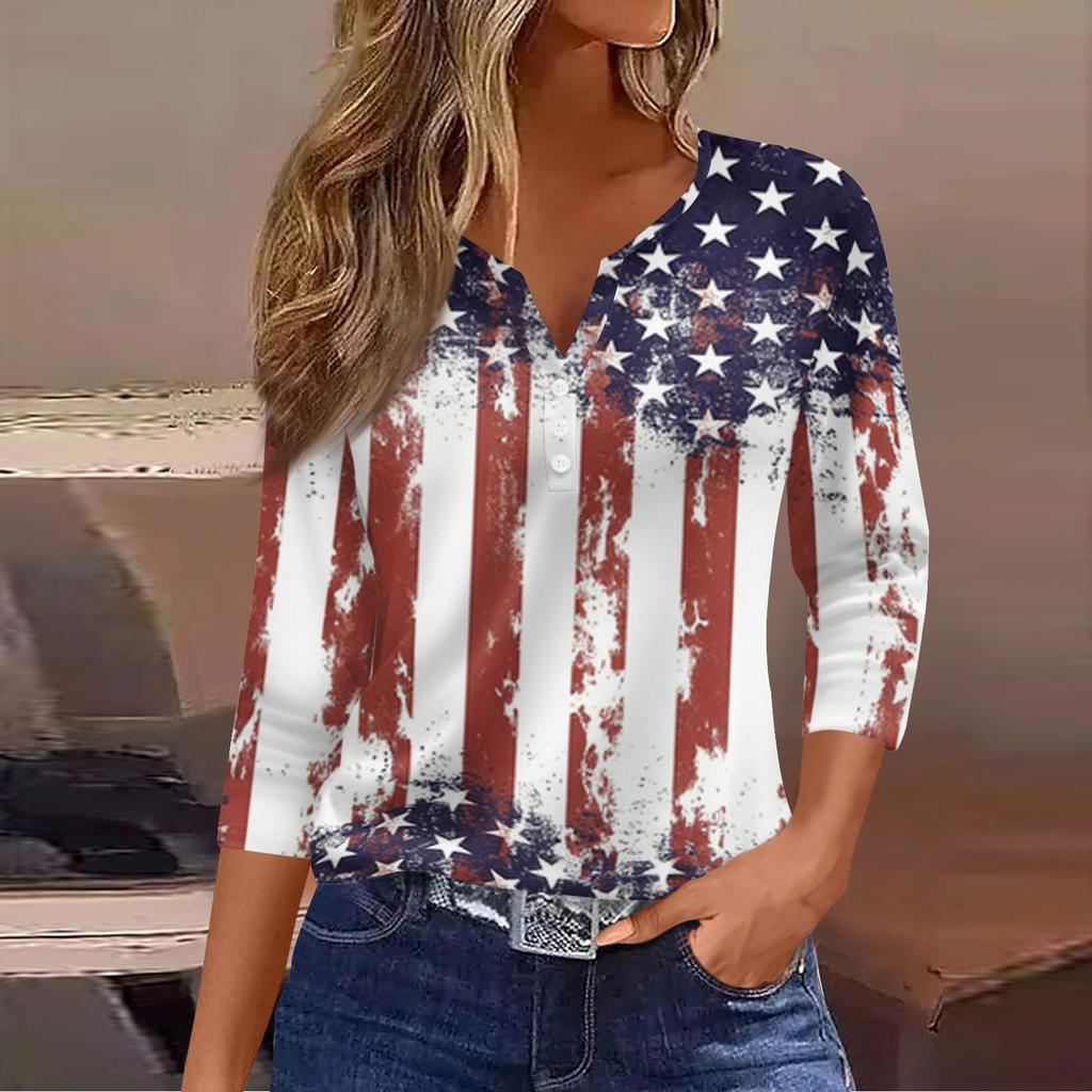 Women's Fashion Casual Independence Day American Flag Stars and Stripes Print Collar V-Neck Three-Quarter Sleeve Decorative Button-Up T-Shirt Top