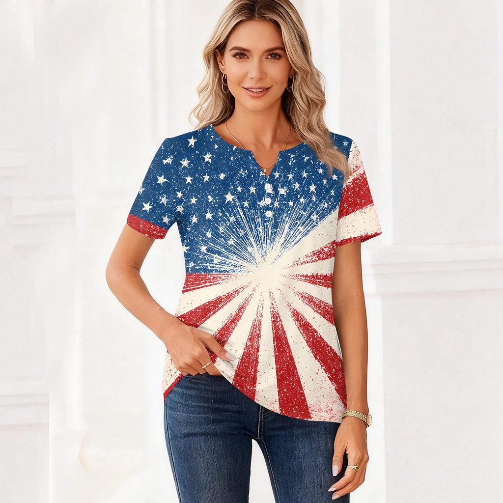 Women's T Shirt Independence Day Print Button Short Sleeve Daily Weekend Fashion Basic V- Neck Regular Top