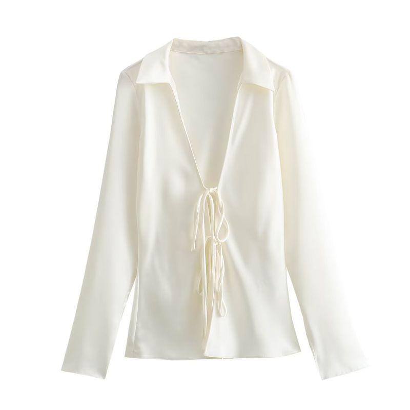 

Zbza Spring New Arrival Women s Clothing Fashion Style French Fashion All-Match Casual Bows Silk Satin Textured Shirt White S