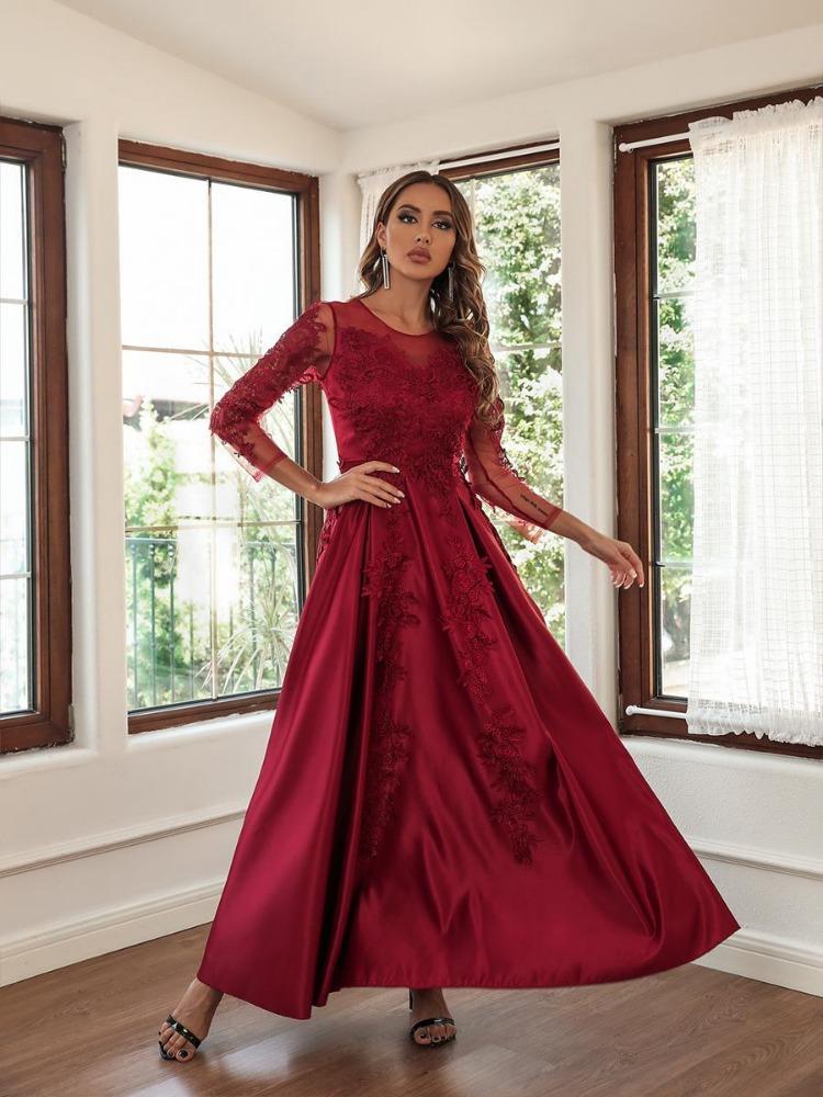 Elegante Abito da Sposa da Donna Paillettes Pizzo Scollo a V Maniche Lunghe Splendido per Damigelle d'Onore Feste Abiti da Ballo Lunghi