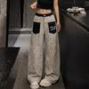 Pantaloni in Denim Patchwork Leopardato Vintage Unisex Gamba Larga Dritta Streetwear