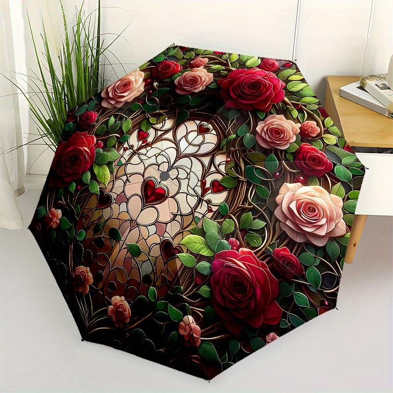 

Stained Cute Rose Window Wall Art Decor Umbrella - Cute Umbrella with Cute Design, Portable 3-Fold Compact Umbrella for Men & Iron&8K