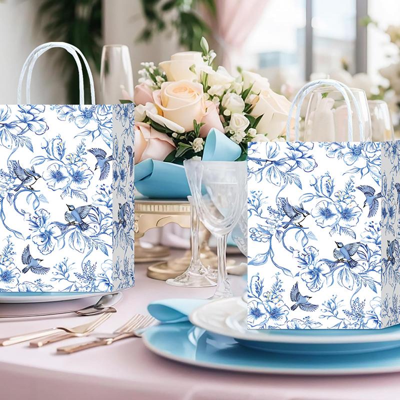 10pcs Paper Gift Bags Elegant Blue & White Parties Porcelain Floral Tote Bags Chinese
