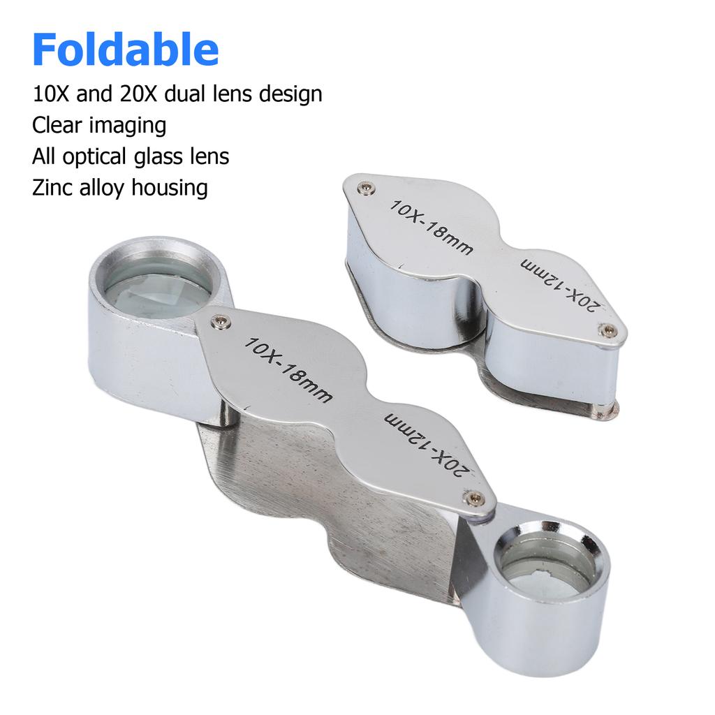 10X 20X Jewelers Loupe Foldable Dual Lens Loupe All Optical Glass Lens Folding Magnifying Glass for Tattoo Inspection