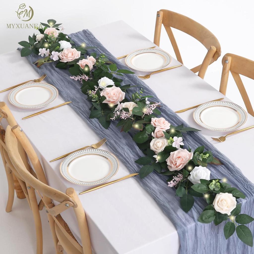 6 Ft Flower Garland with Lights, Artificial Eucalyptus Garland with Rose Flowers, MYXUANFA Flower Vine for Wedding Arch Table Centerpiece Room Decor