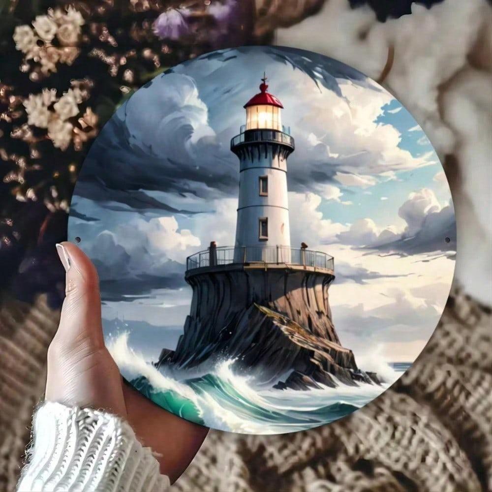 Lighthouse Metal Wall Art Round 7.8 Inch HD Print Coastal Home Decor Living Room Bedroom Bathroom Kitchen