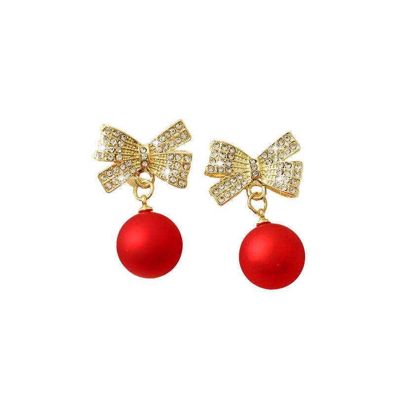 S925 Silver Needle Red Pearl Diamond Earrings - Light Luxury European and American Christmas Style