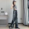 Women's High Waist Drawstring Wide Leg Pants Loose Straight Tie Dye Printed Polyester Trousers For Summer Commute Floor Length Casual Wear