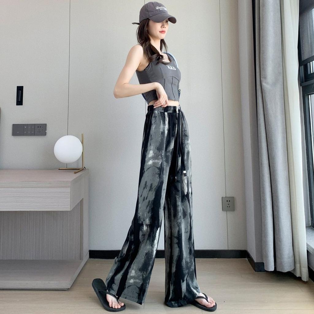 Women's High Waist Drawstring Wide Leg Pants Loose Straight Tie Dye Printed Polyester Trousers For Summer Commute Floor Length Casual Wear