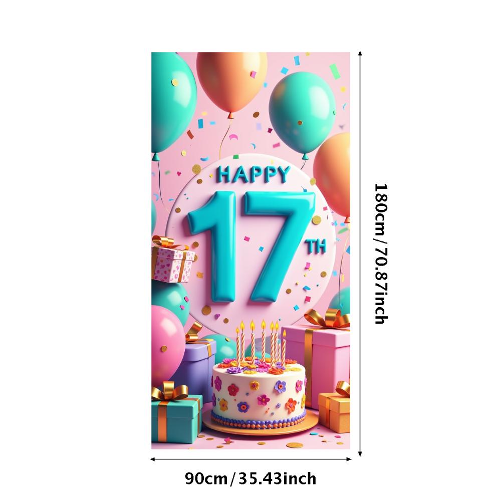 

17th Happy Birthday Backdrop Banner Birthday Cake Balloon Gift Photography Background Event Festive Decoration Party Supplies