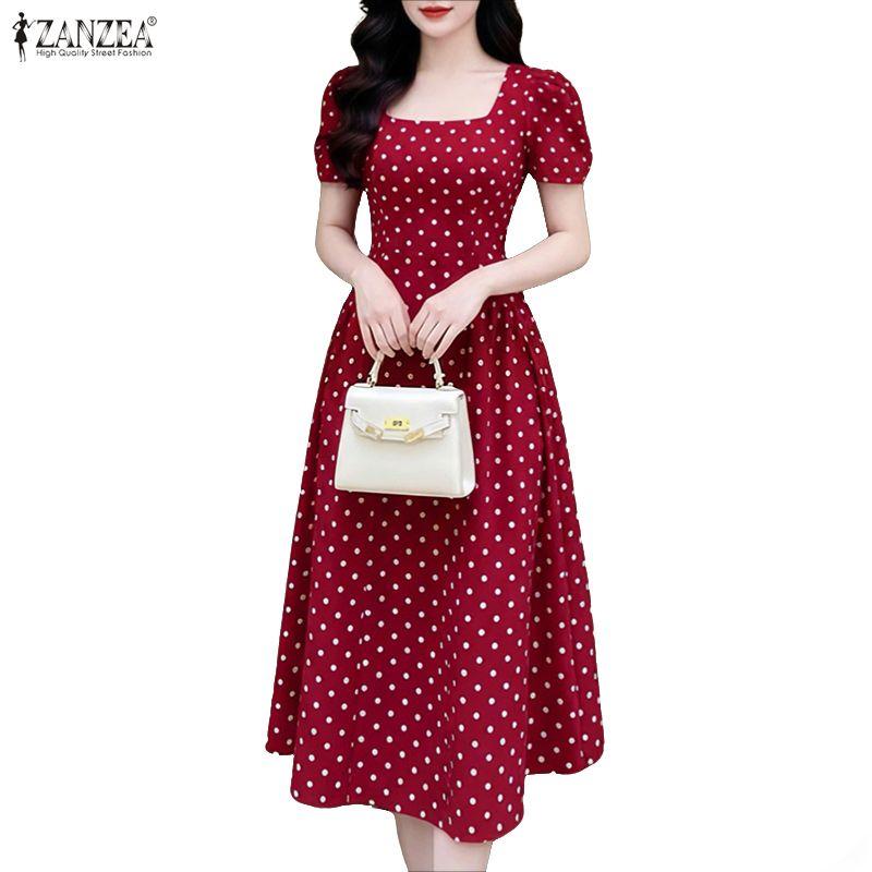 ZANZEA Women Square Collar Casual Short Sleeve Elegant Polka Dot Dress