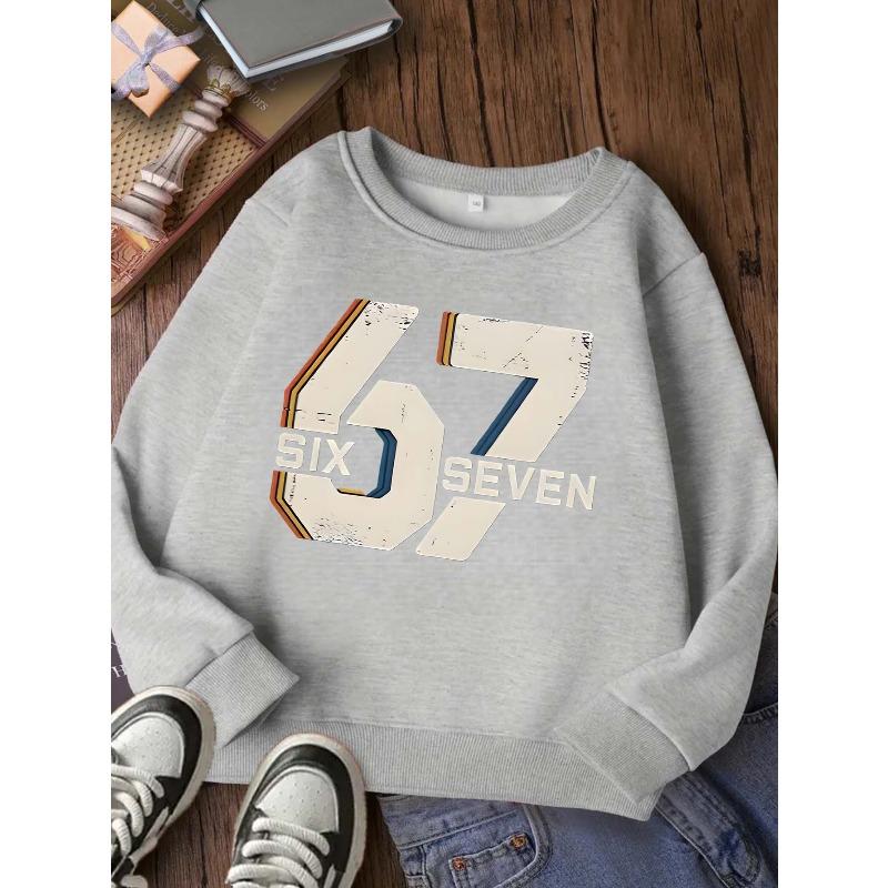 Kids Over 4 Years Old Retro Distressed SIX SEVEN Number 67 Print Sweatshirt Unisex Boys Girls Vintage Stripe Crewneck Long Sleeve For 4-12Y Children