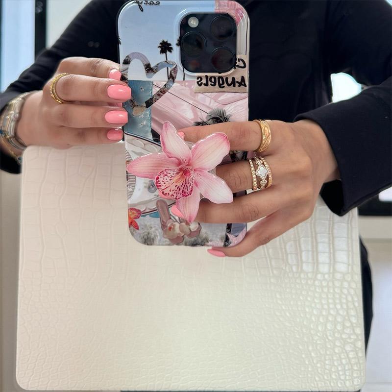 Akrylový stojánek na telefon s orchidejí Velký květ Stolní držák na telefon s airbagem Skládací podpora mobilního telefonu Kapkové lepidlo Držák na telefon s orchidejí