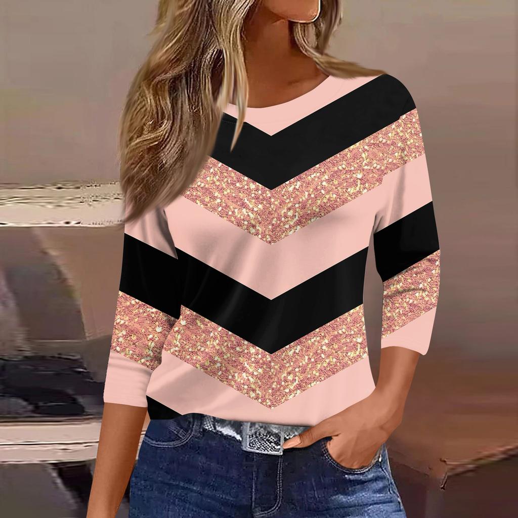 Women's Fashionable Casual Round Neck T-Shirt With Striped Patchwork Print And Three-Quarter Sleeves