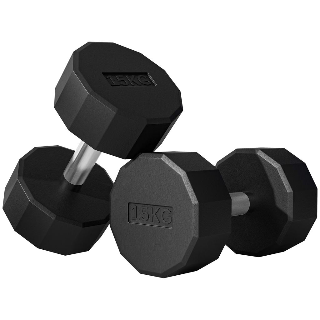 Set of 2 12-Sided Dumbbells 15 Kg In Metal and Rubber with Non-Slip Grip, 26x15.5x15.5 Cm, Black
